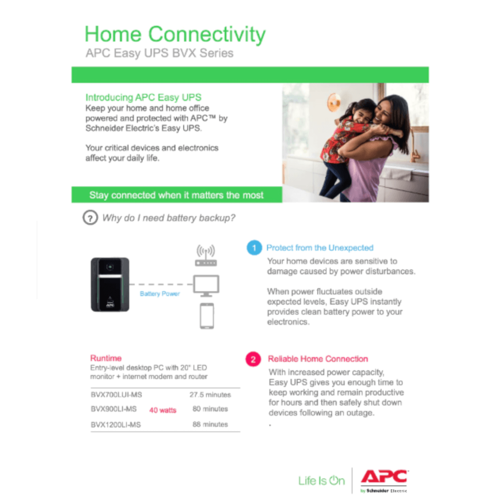 เครื่องสำรองไฟฟ้า APC 700VA 360 วัตต์ รุ่น BVX700LUI-MS EASY UPS 2 ช่อง ป้องกัน ไฟตก ไฟเกิน